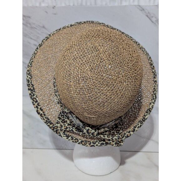Unbranded Women's Tan & Black Leopard Print Trim & Band Natural Straw Fiber Hat - Picture 5 of 6